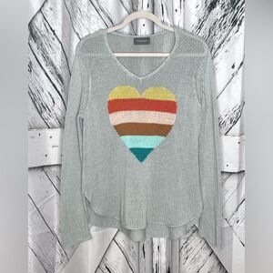 Wooden Ships Gray Striped Heart Knit Sweater Size Small/Medium